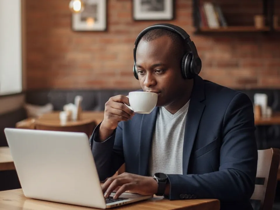 Albert working on a laptop in a café